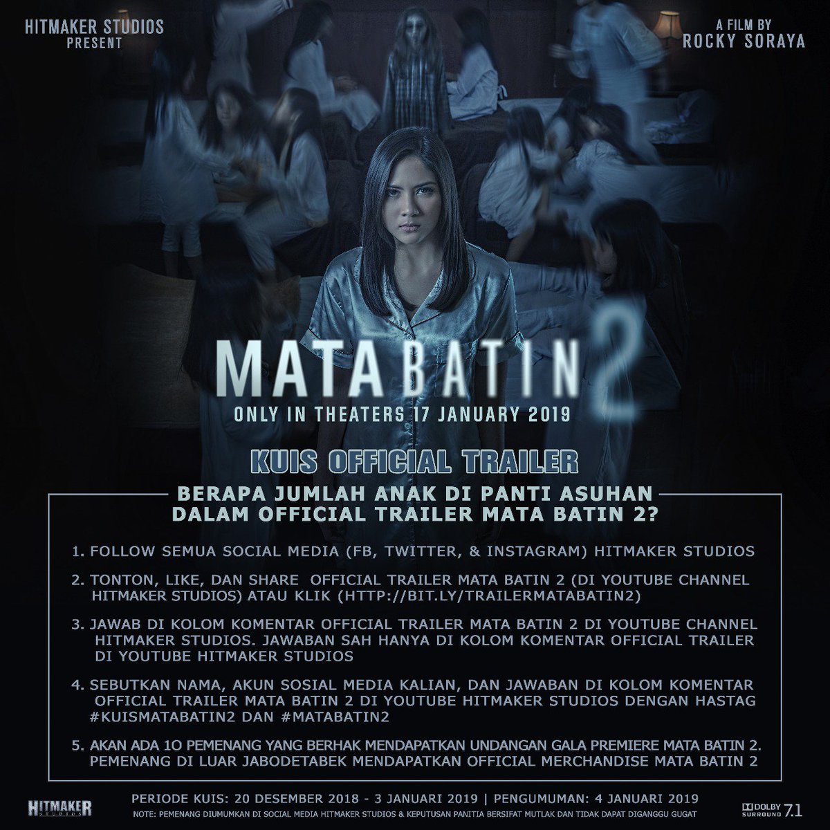Siapa yang mau jadi yang pertama nonton Mata Batin 2? 👀
Ikutan kuis Official Trailer Mata Batin 2 👁 yuk!

Jawaban sah hanya di kolom komentar YouTube Official Trailer Mata Batin 2 👁 yaa 📢
#kuismatabatin2 #matabatin2 #hitmakerstudios #17januari2019
