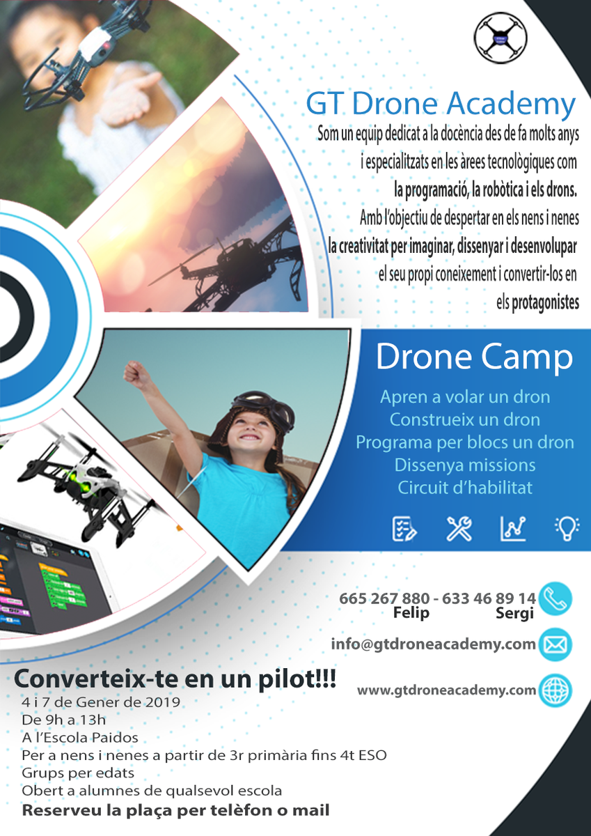 GtDrone's tweet photo. En marxa el primer Drone Camp de @gtdroneacademy
Vols aprendre a construir un drone, a programar-lo, a pilotar-lo per un circuit d'habilitat???
El 4 i el 7 de Gener t'esperem. Reserva la teva plaça!!! @sergi_roga @felipecharri @montpeita @COOPPAIDOS https://t.co/S4xstJG32O