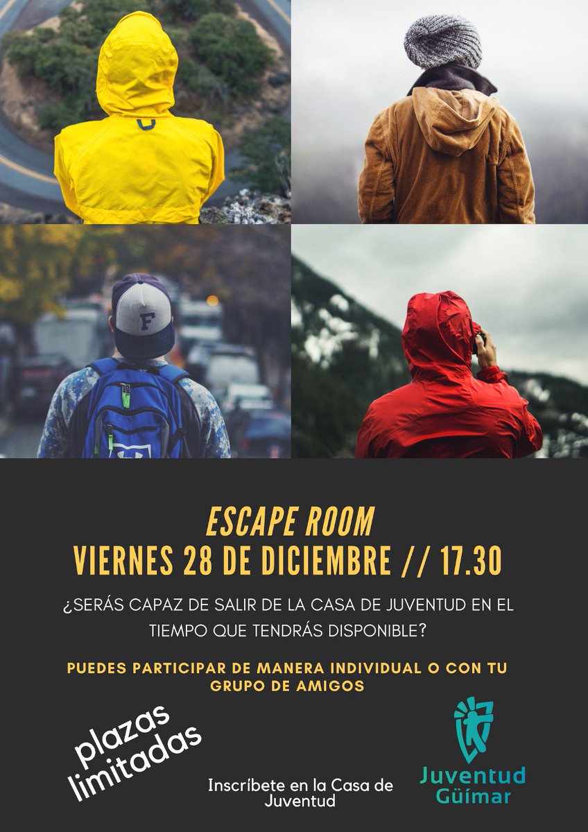 CasaGuimar's tweet photo. ¿Te animas a participar en un ESPACE ROOM en la Casa de Juventud? El próximo día 28 de diciembre (y no es una inocentada) ponemos a prueba la inteligencia y habilidades grupales. Ya puedes informarte e inscribirte. Las plazas son limitadas!! https://t.co/pfa1e5s513
