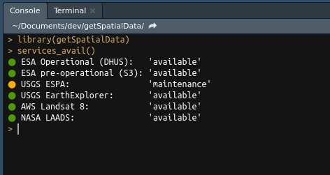 m_wegmann's tweet photo. nice little helper in #getSpatialData #rstats package: checking #satellite portal availability @ESA_EO @USGS_R @NASA_Landsat developed by @schwalbwillmann https://t.co/WF7ZhlgjTp