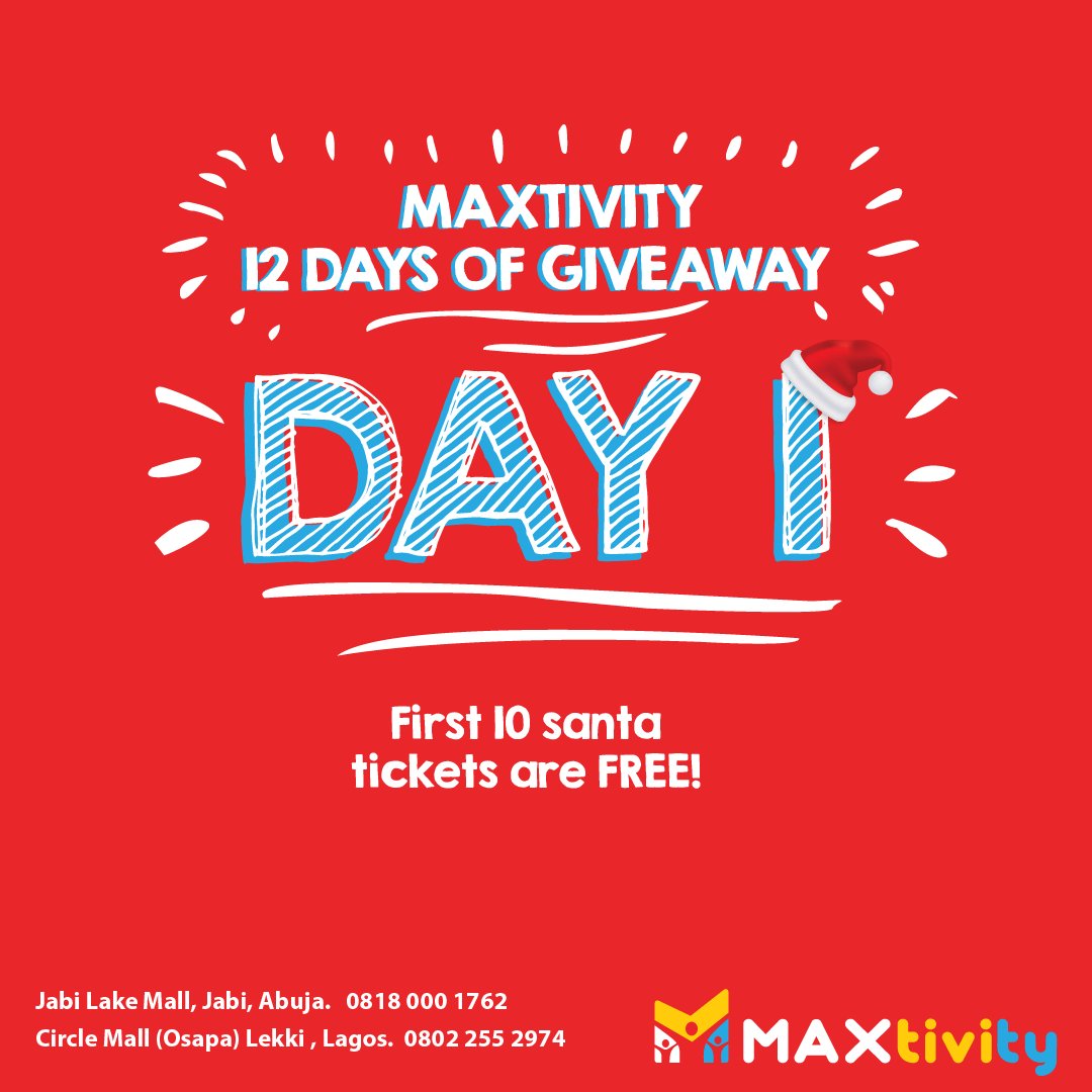 Max_tivity's tweet photo. The #Maxtivity 12 days of Christmas starts today!!! We'll be having an amazing time with #Santa, #Games, #Food, #Prizes. Get ready to WIN, WIN, WIN!!! Tickets available at our Lagos &amp; Abuja centres.
#FatherChristmas #Giveaways #12daysofchristmas #Christmas #lagos #abuja  #lekki https://t.co/GNSA6gsLkv