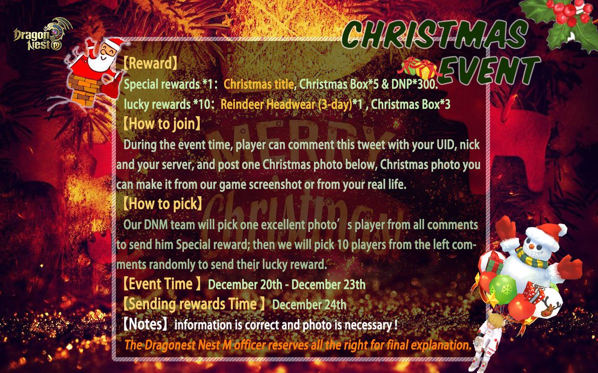 DragonNestGL's tweet photo. 🌲❄️🌲☃️🌲❄️🌲☃️🌲❄️🌲
Do you have any plan about Chrismas? 
Just leave your account information and post your Christmas photography, you will have the chance to get the exclusive Christmas title❗️ 

👇the christmas event detail on the following👇

#dragonnestm #MerryChristmas https://t.co/C81UNmedLm