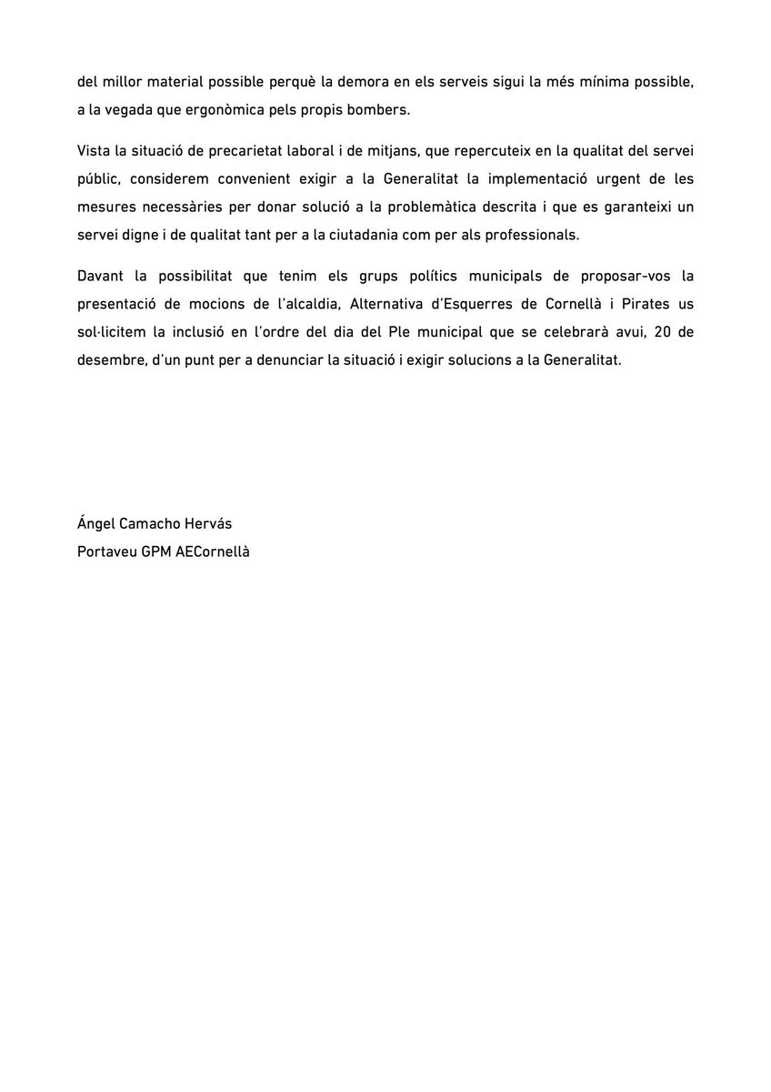🚒 La situació dels bombers de la Generalitat és crítica: el parc de Cornellà ha estat 14 dies de 20 sota mínims

🔥Amenaça de tancament dels parcs de Cornellà i Sant Boi: 200.000 habitants sense servei

👩🏽‍🚒 Exigim solucions i fer front comú com a municipi al #PleKny d'avui