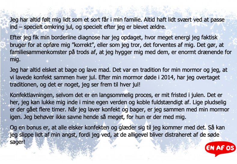 Bag låge nr. 19  har vores ambassadør, Christine, lavet dette skriv om, hvordan konfektlavningen giver hende et frirum i julen. Tak Christine! 🍫 

#brydtabuet #enafos