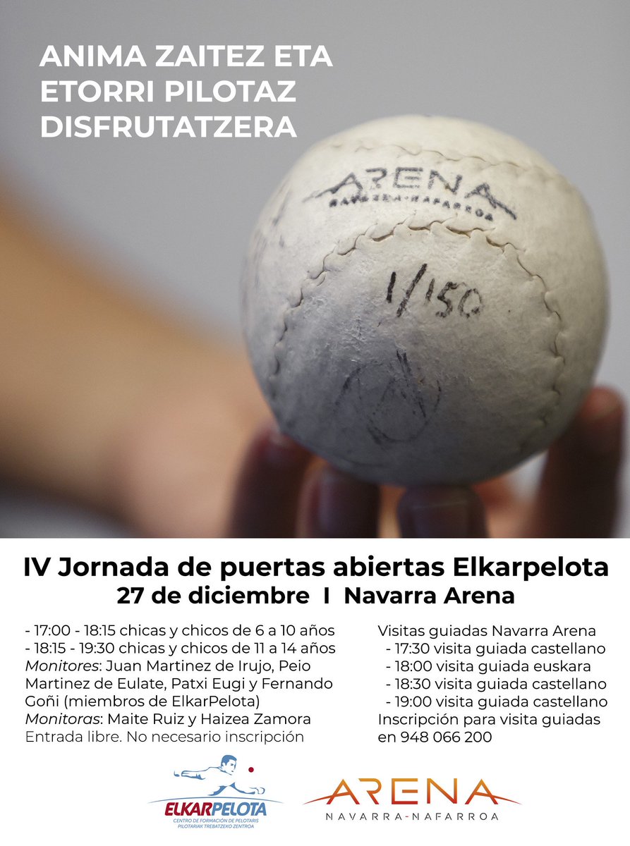 IV Jornada de puertas abiertas #ElkarPelota 27 de diciembre en el <a href="/navarrarena/">Navarra Arena I Nafarroa Arena</a>
Pedazo regalo para tod@s y nos incluímos !!!!
Zorionak eta urte berri on pelotazales !!!!