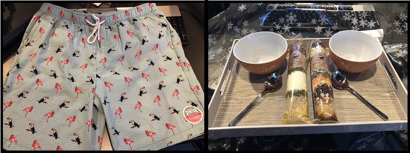 If you were curious what the gifts were from our Gift Exchange this morning ... 
Here's Paul's swanky new swim shorts and Heather's soup set!

Happy Holidays! @1073KOOLFM