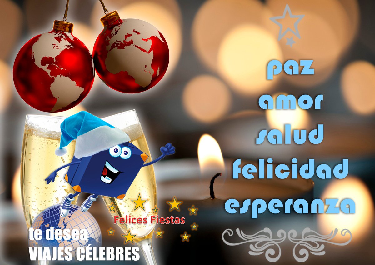 ViajesCelebres's tweet photo. Paz, amor, salud, felicidad, esperanza para estas fiestas y un venturoso  #2019 lleno de buenos momentos de #ocio en familia. Te desea Viajes Celebres tu #agenciadeviaje de confianza #vuelos #billetes https://t.co/CRsBLQvD5m