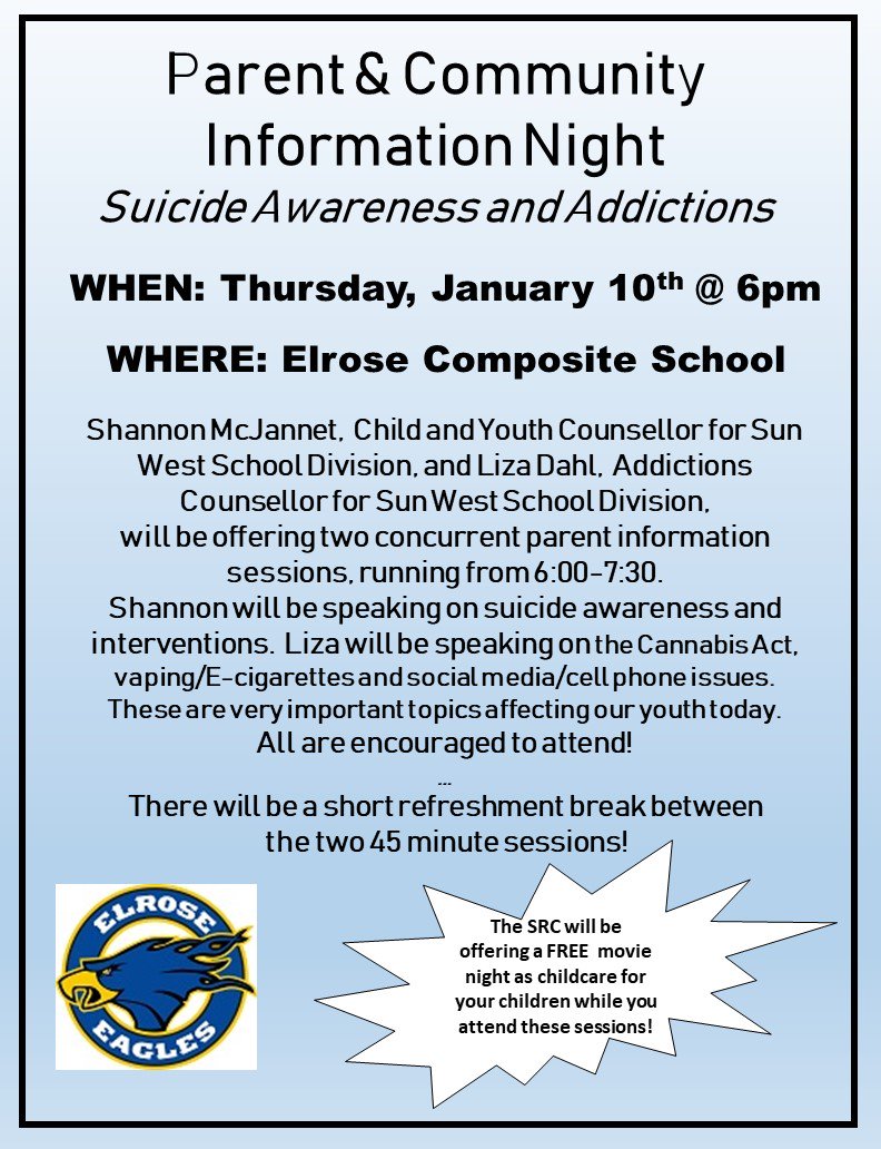 elrosecomp's tweet photo. Mark your calendars!! Parent & Community Information Night - Thursday, January 10th. Thank you to the SCC & SRC for their assistance in making this evening happen! Everyone welcome to attend. #communityengagement #sunwestsd https://t.co/wO9Snsxgsk