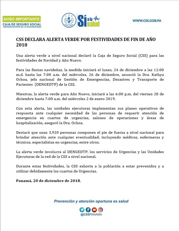 CSS declara alerta verde para las festividades de Navidad y Año Nuevo.