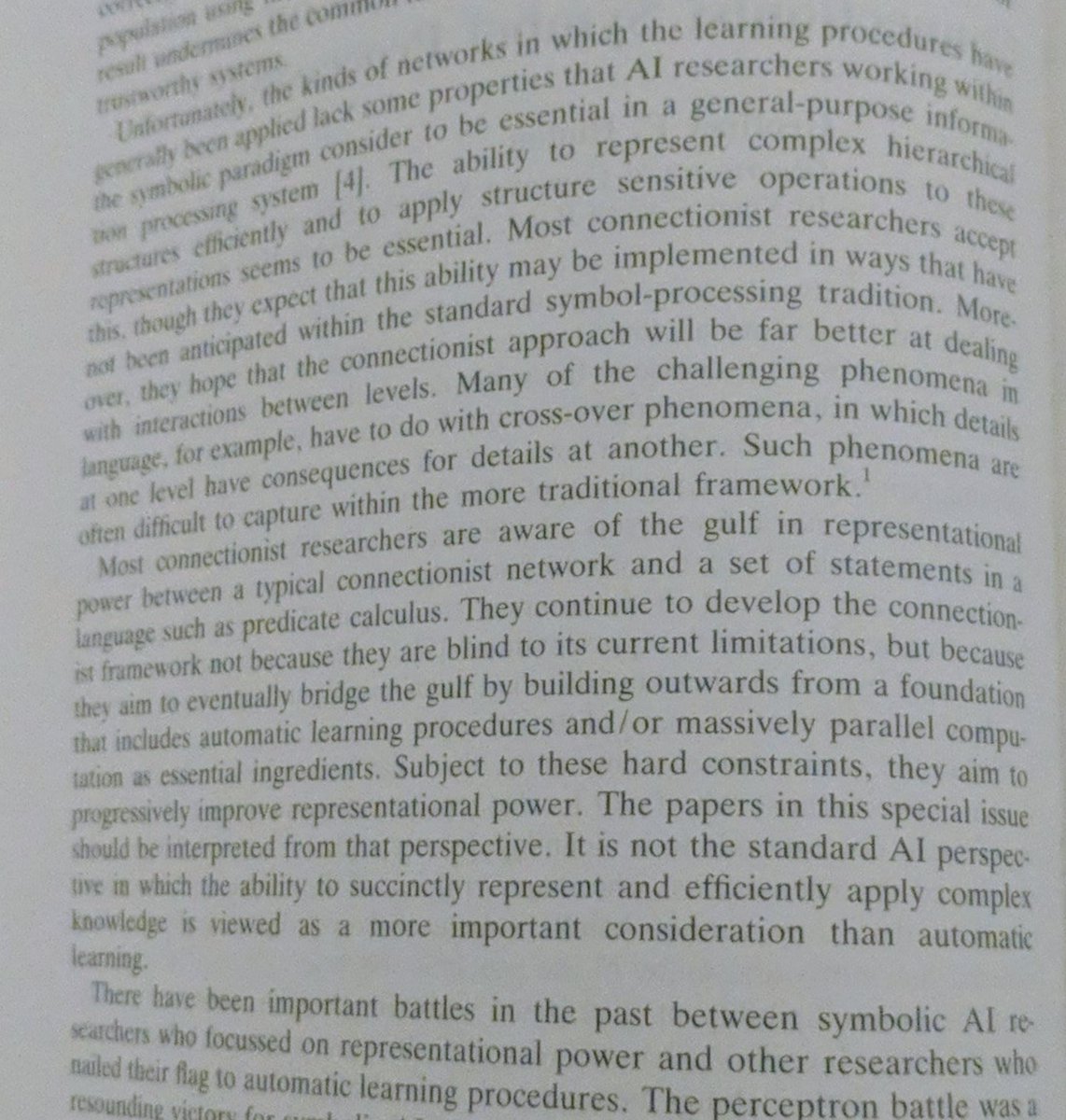 couple paragraphs from book, happy to transcribe if anyone needs or is curious just ping me. Talks about connectionist research prioritizing learning over symbol processing formalisms