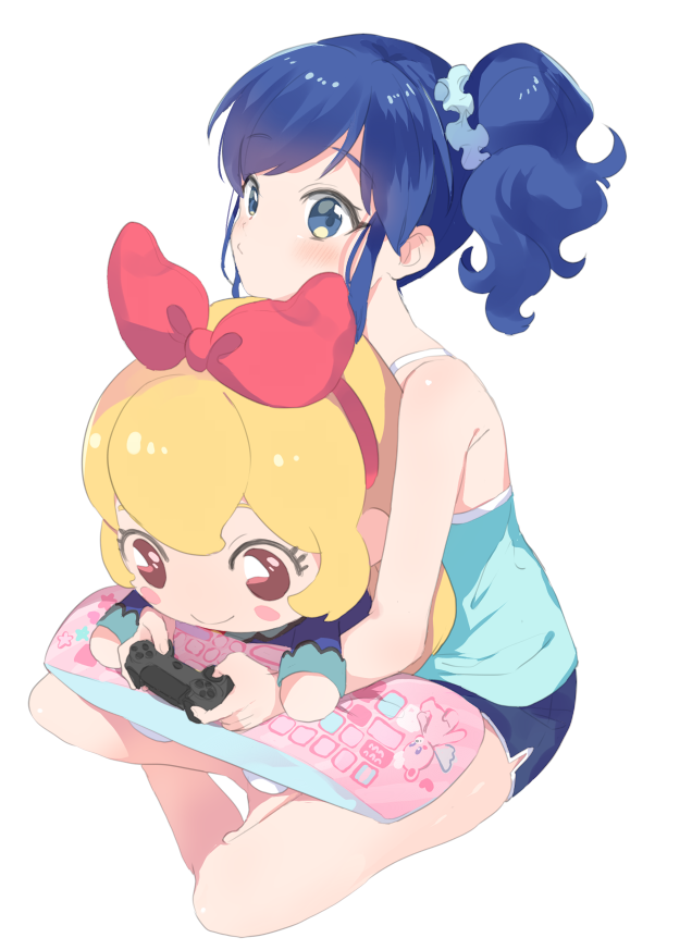 hoshimiya ichigo ,kiriya aoi 1girl solo side ponytail blue hair sitting white background controller  illustration images