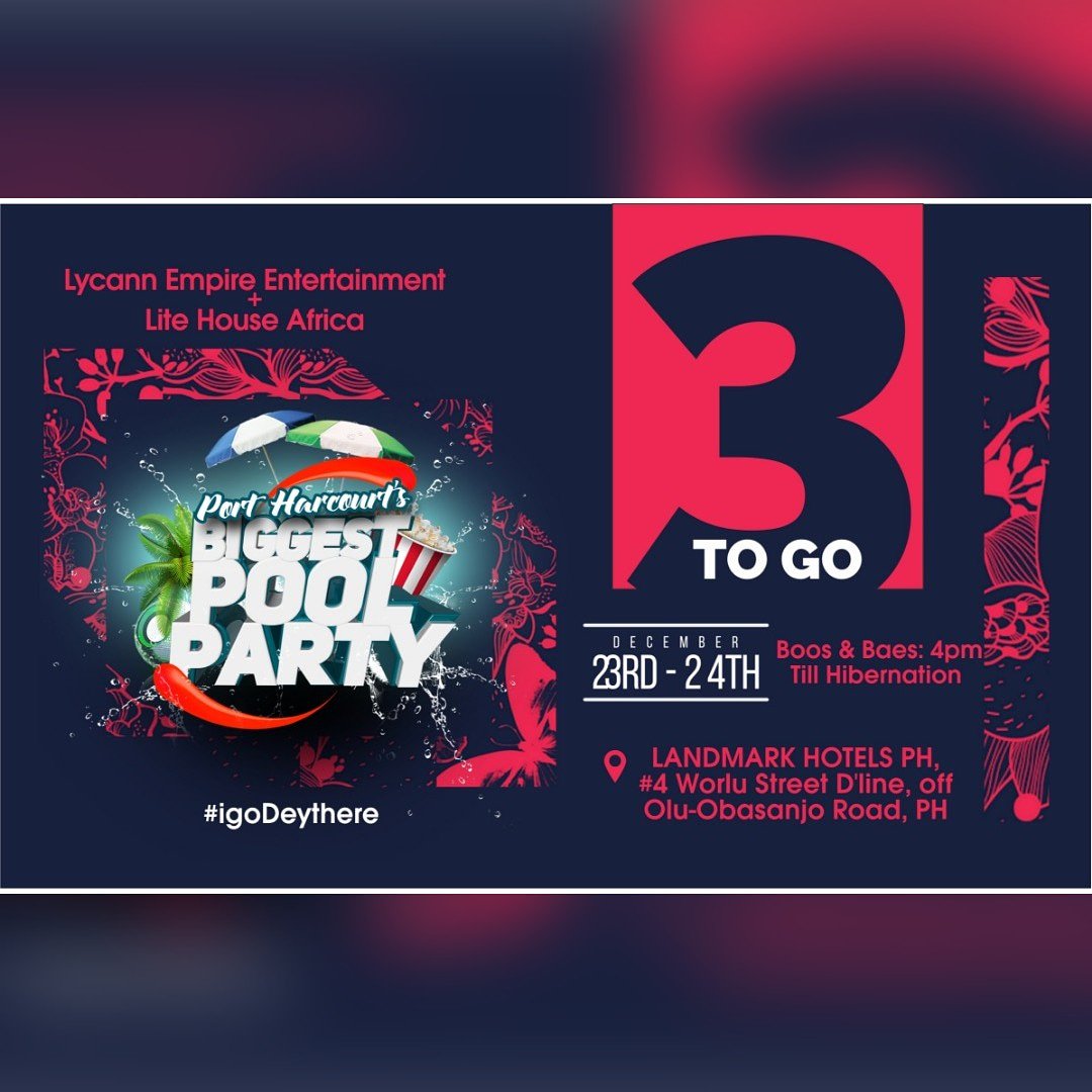 PHB_PoolParty's tweet photo. Only 3 days to go? How ready are you? #iGoDeyThere on Sunday 23rd and Monday 24th December 2018.

The groove no go easy ooh.

#BurgerEatingContest #MusicalPerformances #fashionExhibition #Swimming  TICKET - N1,000 Call now: 08037895037 OR 07066280496 https://t.co/uxp7TRX575