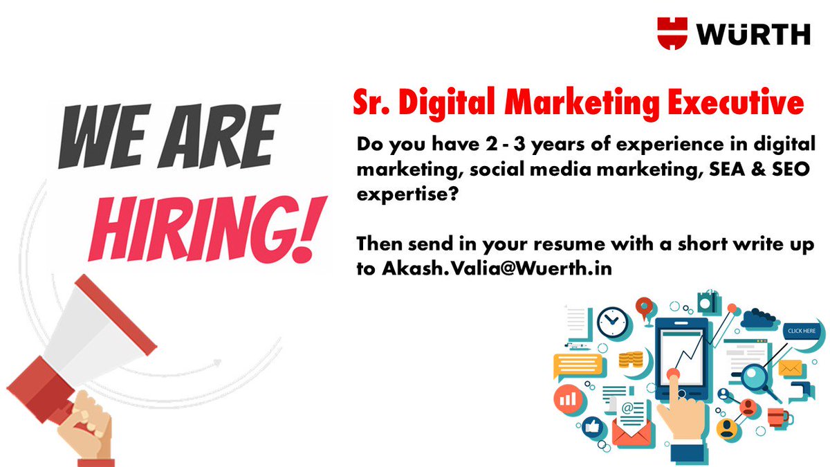 WuerthIndia's tweet photo. He/She will plan and execute digital marketing campaigns and design, maintain and supply content for the organisation's website along with coordination with vendors for SEO/SEA campaigns.
#ecommerce #b2becommerce #DigitalMarketing #socialmediamarketing #SEO #SEA #GoogleAnalytics https://t.co/MgtTMZlvYd