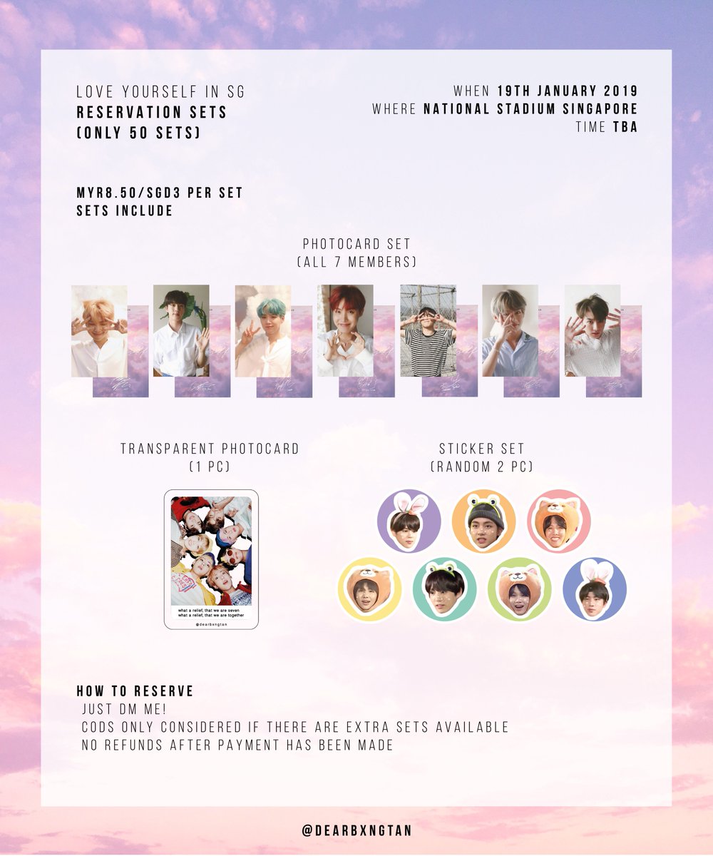 dearbxngtan's tweet photo. [HELP RT PLEASE ^~^]
henlooo i'll be giving out some fansupport stuff at the lyinsg concert!

🌸 19th Jan 2019
🌸 exact time &amp; location: tba
🌸 DM me for reservations or any questions! 

see you there 💜
#LoveYourselfSG #LoveYourselfinSG #LYinSG #BTS https://t.co/CZGnfFik0y