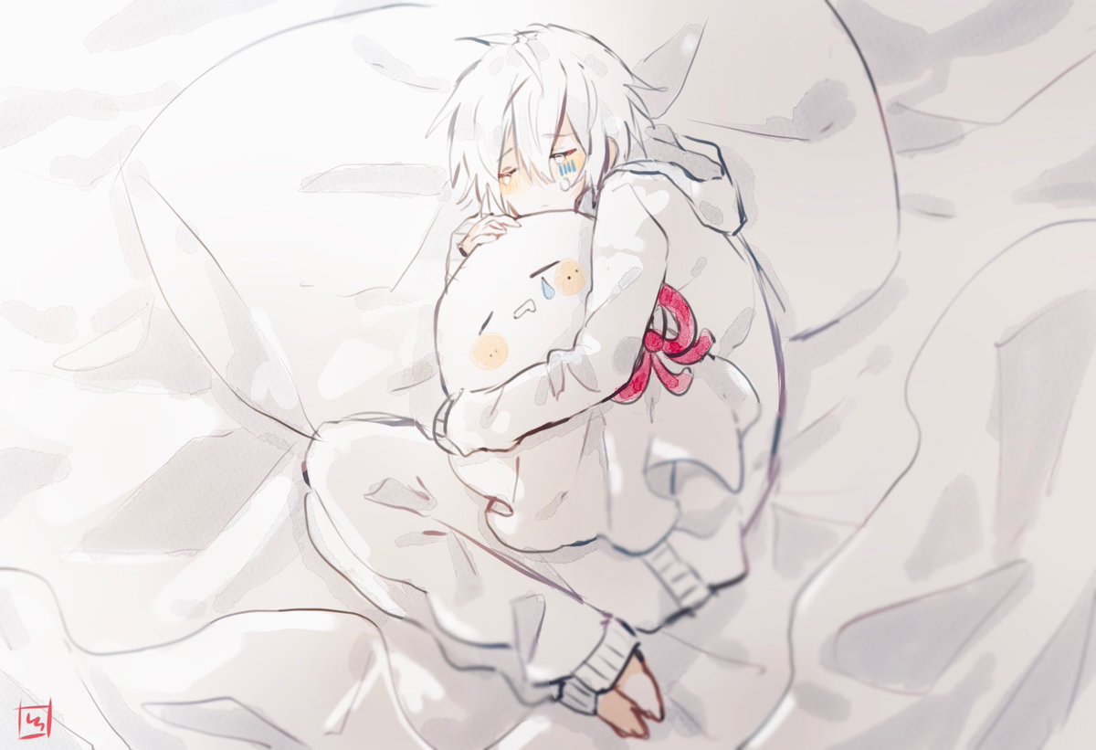 1boy white hair male focus pillow blue eyes pajamas sleeping  illustration images