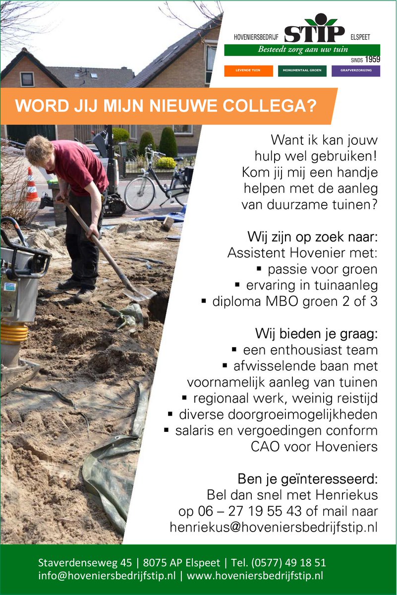 HovenierStip's tweet photo. Word jij mijn nieuwe collega? Wij zijn op zoek naar een Assistent Hovenier voor de aanleg van duurzame tuinen! #Elspeet #Hovenier #levendetuin https://t.co/faYzbyocYJ