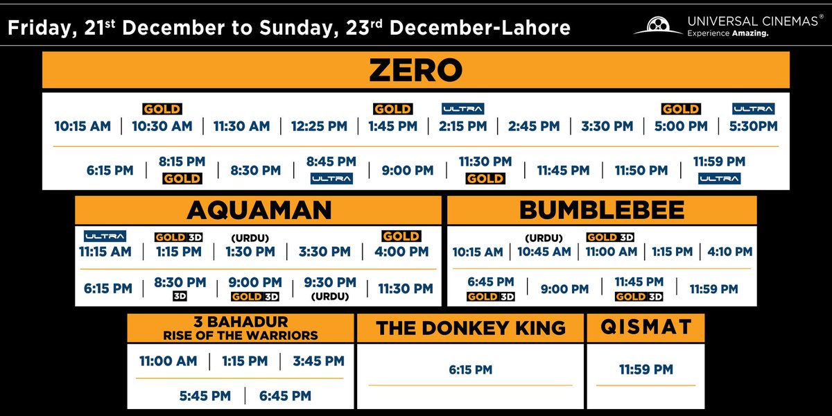 universalcinema's tweet photo. **LAHORE AND MULTAN SCHEDULE**
Friday 21st to Sunday 23rd December
#UniversalCinemas #Emporiummall #lahore #Multan 

NOTE : STUDENT OFFER ( on all shows playing before 5 PM) and EARLY RISERS ( FLAT 50% off on all shows playing before 12 NOON) is AVAILABLE TOMORROW! https://t.co/pP3iNhFdp0