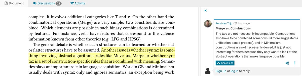 Looking for some inspiring discussions about #Minimalism vs. #ConstructionGrammar for cold winter nights? Join @RemivanTrijp as he reviews <a href="/StefanMuelller/">@stefanmuelller@climatejustice.social</a>'s comparison of the two frameworks on <a href="/paperhive/">PaperHive</a> paperhive.org/documents/item… @davidadger