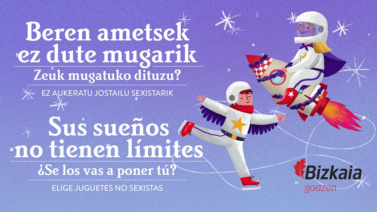 Bizkaia's tweet photo. Elige juguetes no sexistas. Regala imaginación
No pongas límite a sus sueños. No pongas límite a su futuro https://t.co/OmDcb0uO9Z