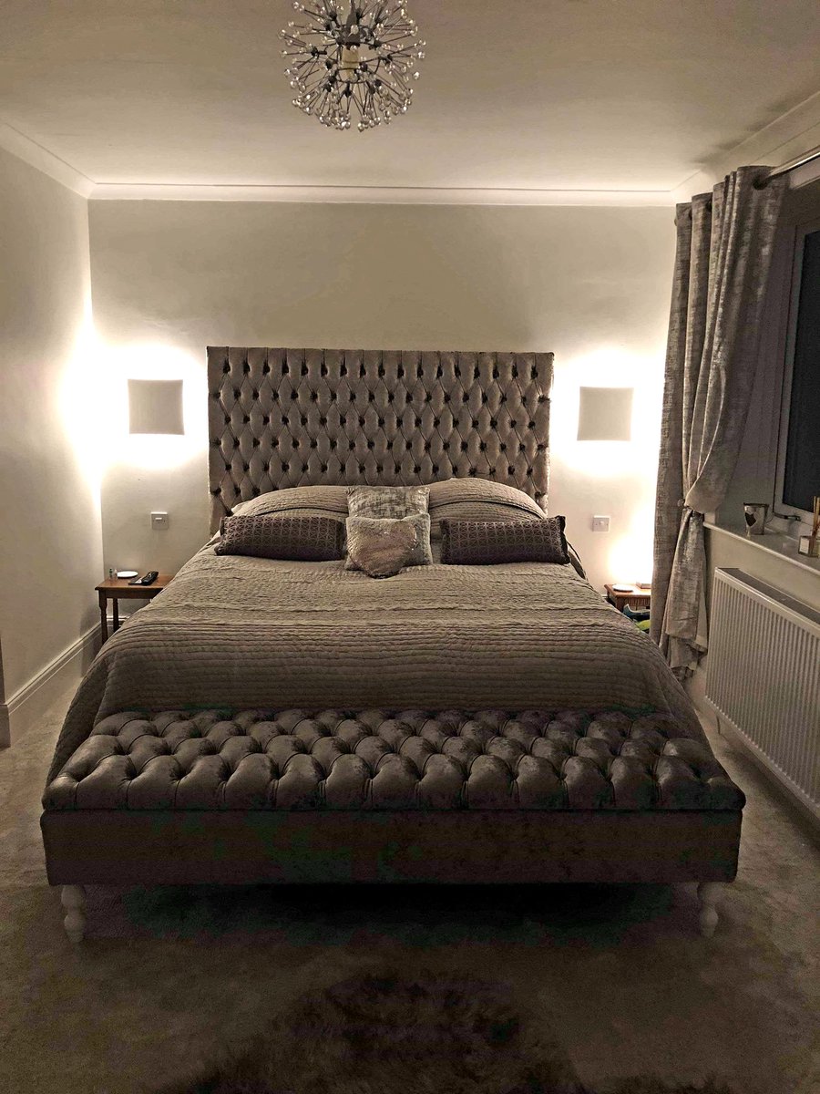 PmContract's tweet image. Headboard and ottomans with storage before and after installation