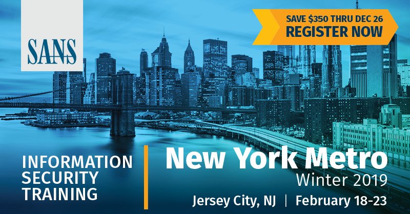 SANSInstitute's tweet photo. NEW course available at #SANSNYC Metro Winter 2019: 

#SEC530 - Defensible Security Architecture with @jcjohnson34 

Learn how to build and maintain a truly defensible security architecture. View full event agenda: https://t.co/hIFlQTgb97 https://t.co/NxXwLAZB75