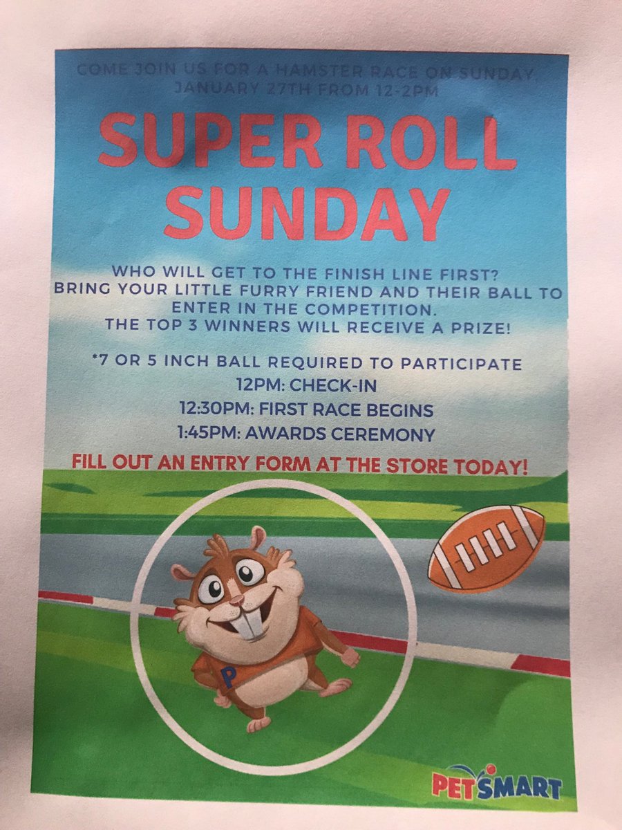 dvidano's tweet photo. It’s that time again! Get your Small Animal race ready!    Super Roll Sunday. 1/27/19 12pm -2pm. Come into any SE CHICAGO PetSmart and sign up now to participate. 
Awards and Free stuff on day of event!! https://t.co/mwnUvhIjVG