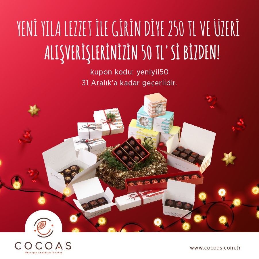 Siparişinizin 50 TL'si bizden! 
yeniyil50 kupon kodu 31 Aralık'a kadar geçerlidir.

#CocoasChocolat #Cocoas #çikolata #luxurychocolate 
#indirimkodu #kampanya #kod #alışveriş #aktüel #moda #fashion #newyear #fırsat #mood #happy #love #hediye