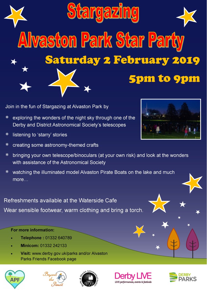 derby_parks's tweet photo. Explore the stars at the annual #AlvastonPark Stargazing on Sat 2 Feb, 5pm-9pm ✨ Look through the telescopes of the Derby &amp; District Astronomy Society, create starry crafts &amp; see the Alvaston Pirates Model Boats lit up across the lake! ⛵️🌠 Find out more: https://t.co/TXIp578XOS https://t.co/i1zuEhCnFA