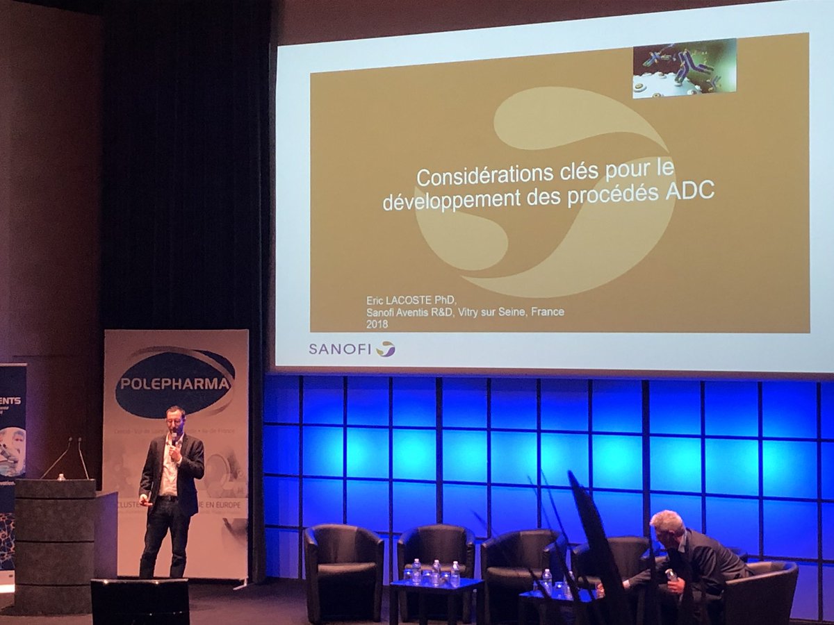 Polepharma's tweet photo. La R&amp;D au service de la production : Présentation d’etudes de cas du processus de développement des ADC, du développement au scale up &amp; transfert par Eric Lacoste @SanofiFR #CPB2018 #Bioproduction #Biomedicaments #Innovation #Polepharma @RCValdeLoire https://t.co/L9N2C95GAd