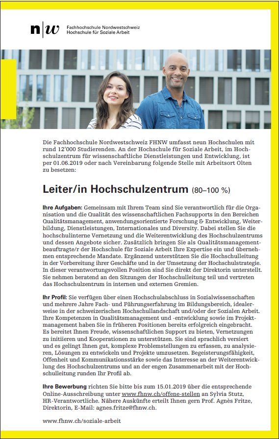 SUPSIAlumni's tweet photo. Cari alumni, vi segnaliamo un'interessante offerta di lavoro per la funzione di Responsabile del centro universitario (80-100%) presso la Fachhochschule nordwestschweiz FHNW con sede a Basilea.

Le candidature devono essere inoltrate entro il 15.01.2019 https://t.co/DH8gwWgmY7