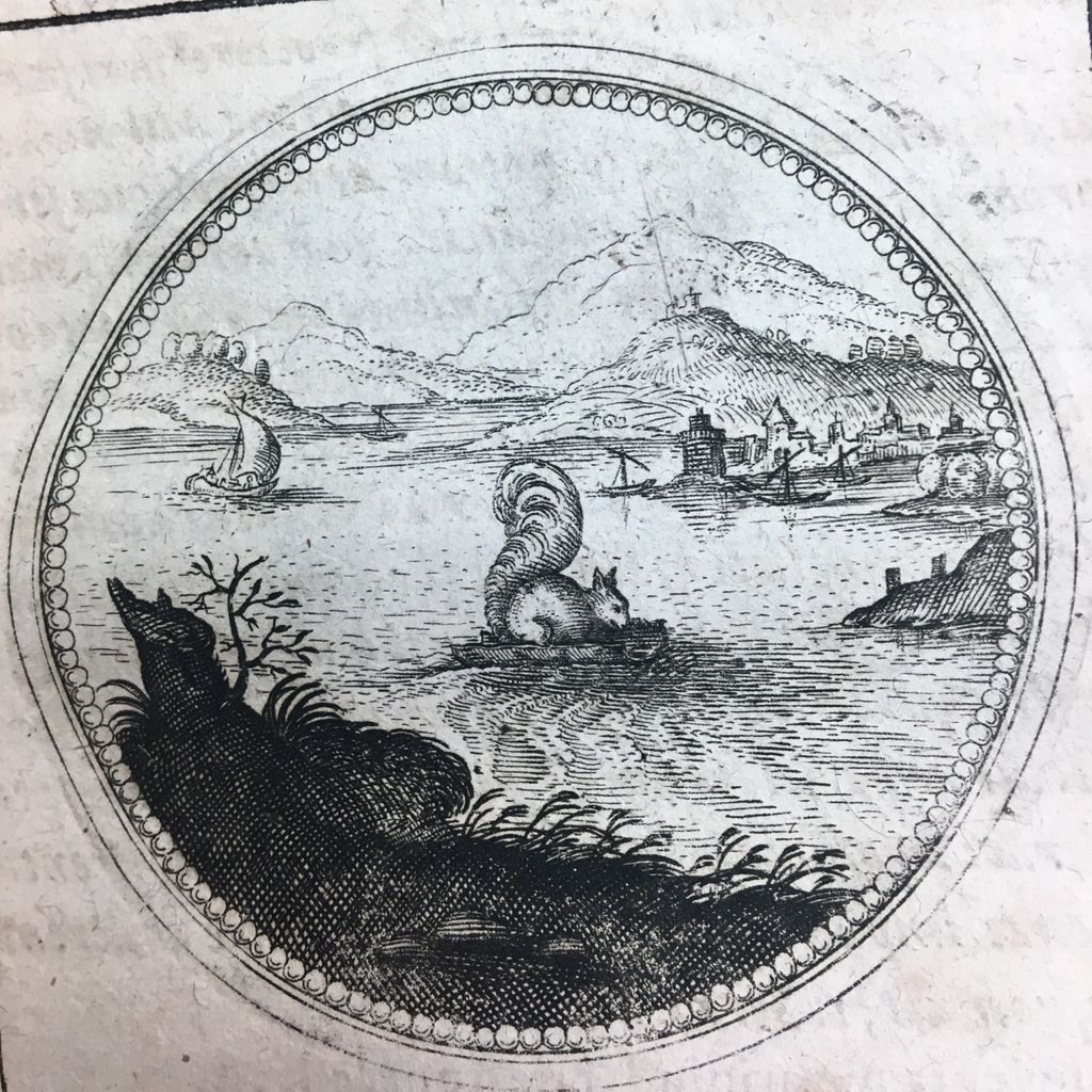 Round intaglio emblem of a squirrel on a makeshift raft crossing water 