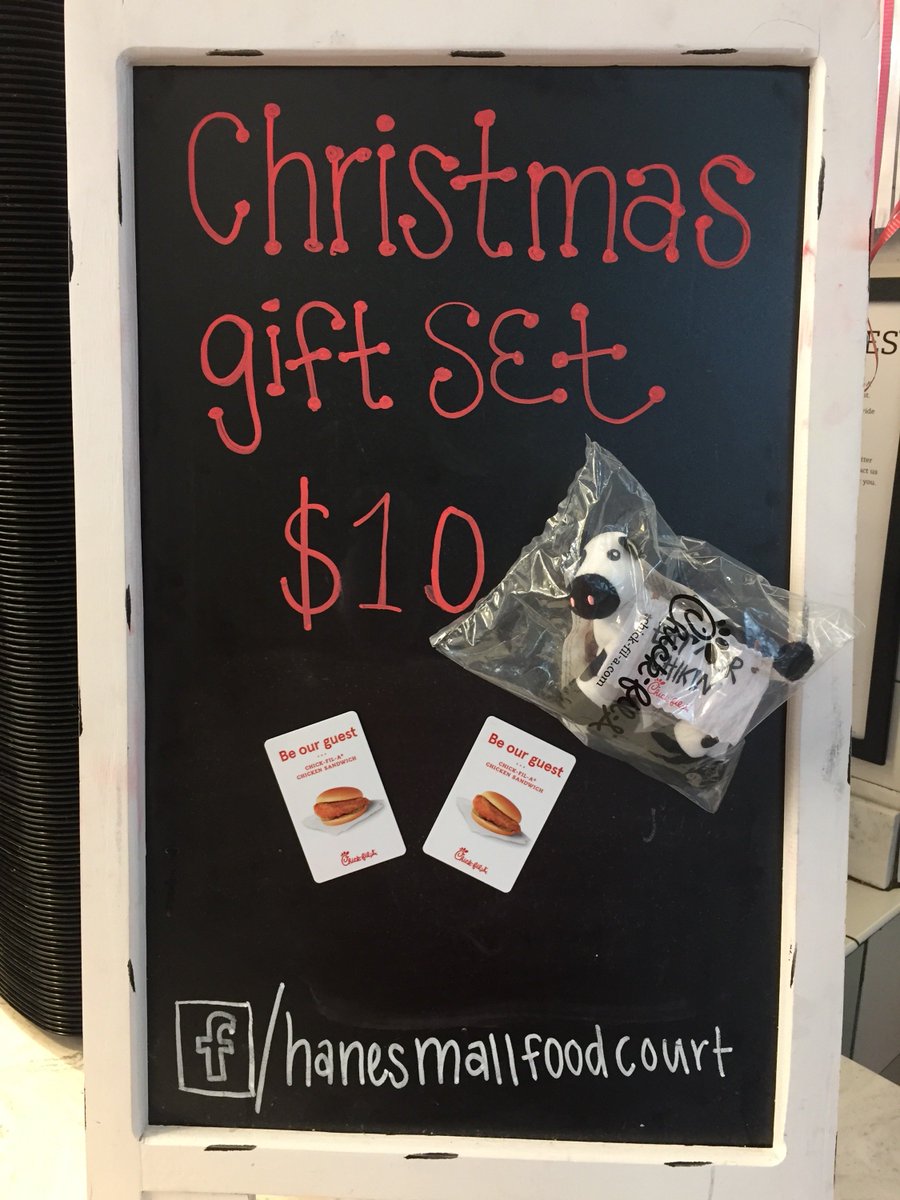 There's still time left to get your loved one some CFA this Christmas! Come by CFA Hanes Mall food court for this awesome package! (Two chicken sandwiches + plush cow)