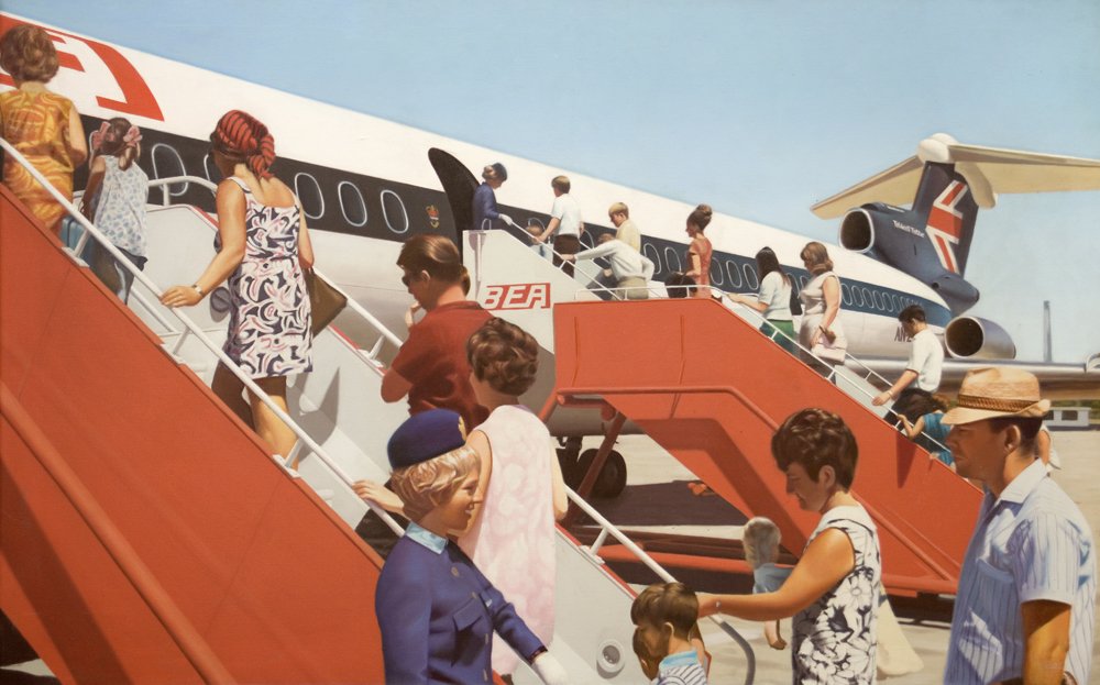 AustinDesmond's tweet photo. Our winter exhibition will run until the end of March. A mixture of British and international artists, alongside a show of traditional post-war British landscape painting. (Image: Harry Holland, Boarding the Plane, 1971-73) https://t.co/ZMkAIPmO8x