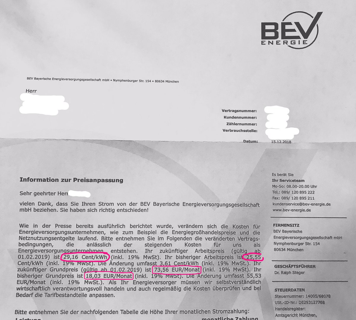 Robert Vorsicht Vor Bosen Uberraschungen Kurz Vor Weihnachten Wenn Der Stromversorger Bevenergie Plotzlich Meint Den Monatlichen Grundpreis Um 55 Und Den Tarif Um 3 6 Ct Kwh Zu Erhohen Frechheit Strom Strompreis
