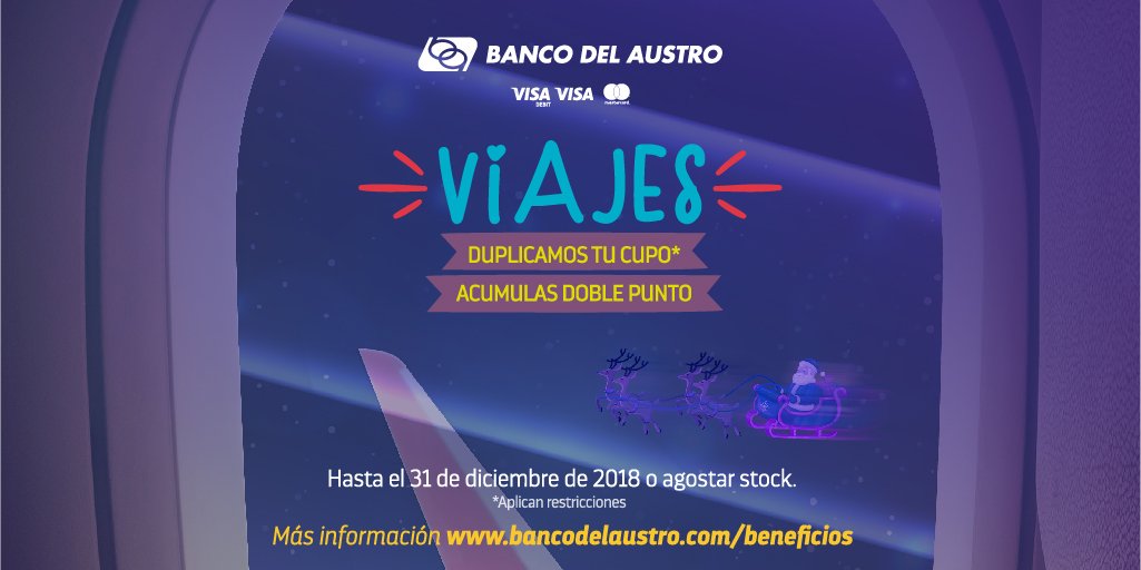 TarjetasBDA's tweet photo. ¡Es momento de viajar!
Elige tu destino, utiliza tus tarjetas #BancoDelAustro, obtén doble cupo, doble punto #Austroclass y disfruta. Conoce más beneficios en: https://t.co/IkwlLZURsR https://t.co/iTF2oujMzi