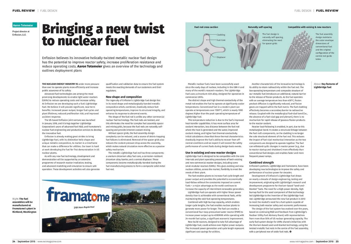 EnfissionLLC's tweet photo. "Advanced fuel technologies such as #LightbridgeFuel will change the game for the #nuclear power industry" writes #Enfission's Aaron Totemeier in @neimagazine #AdvancedNuclear @EnfissionLLC #LTBR @FramatomeUS @NEI @US_NIC @ENERGY Read here: https://t.co/nPTcOedGwC https://t.co/ShvVkzjKqF