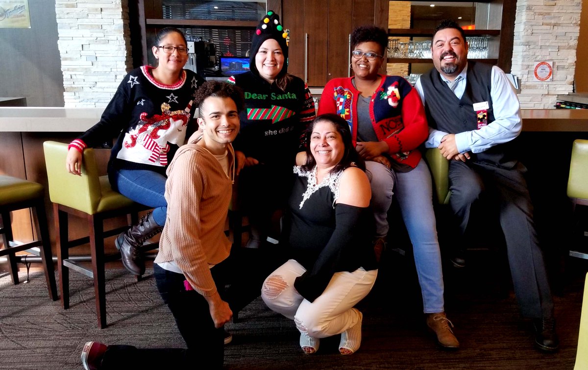 CISAnaheim's tweet photo. We recently held our employee holiday party at the #CountryInnandSuitesAnaheim with an #UglySweaterContest and gift exchange.  All we want for #Christmas is great co-workers like these!  Thanks Santa...#HotelElves #Celebrating #JoyOfTheSeason https://t.co/8nL37OK4IF