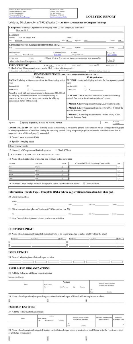 It appears Monticello Assest Management hired Venable LLC to lobby Congress, specifically for clean energy grants. https://www.opensecrets.org/lobby/clientissues_spec.php?id=F195669&year=2016&spec=ENG