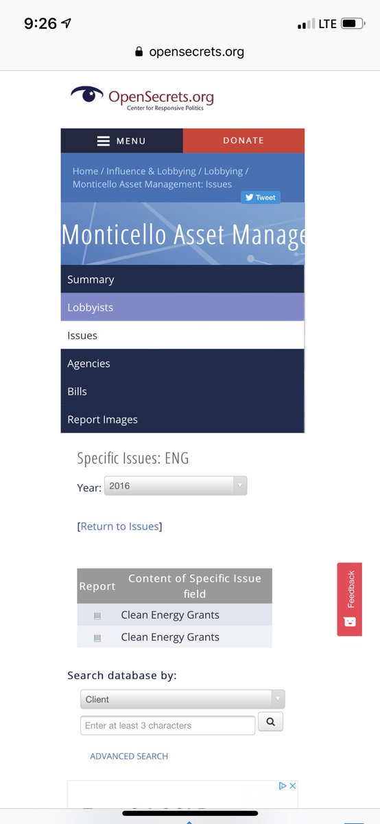 It appears Monticello Assest Management hired Venable LLC to lobby Congress, specifically for clean energy grants. https://www.opensecrets.org/lobby/clientissues_spec.php?id=F195669&year=2016&spec=ENG