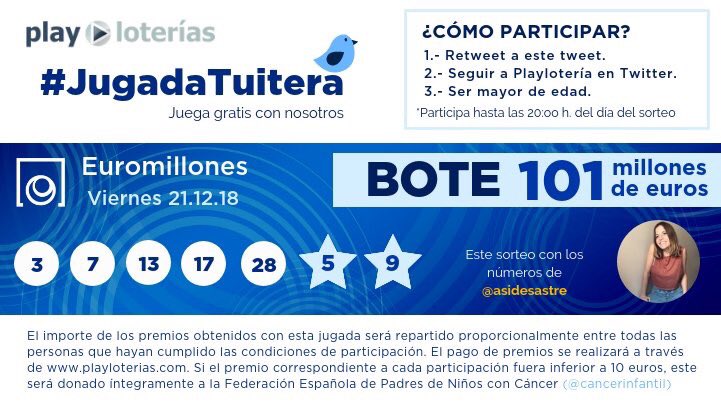 Faltan solo 2 días para el sorteo de la #LoteríaDeNavidad pero antes vamos a por el BOTE de #Euromillones del viernes con la #Jugadatuitera y los números favoritos de <a href="/asidesastre/">Ana Medina</a>. 

Son 1⃣0⃣1⃣ kilos a repartir entre quienes hagan RT y nos sigan.

*Jugamos con <a href="/cancerinfantil/">Federación Española de Familias de Cáncer Infantil</a> ❤️
