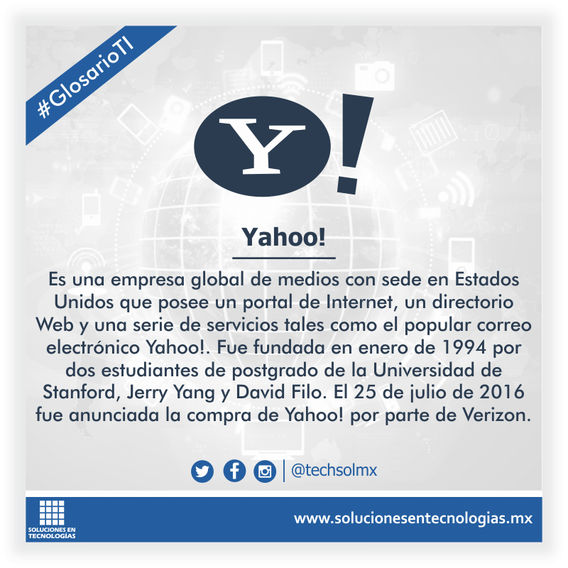 techsolmx's tweet photo. ¿Sabes qué es Yahoo!? #SolucionesenTecnologías #GlosarioTI #Yahoo #JerryYang #DavidFilo https://t.co/I6FhsM5kQZ