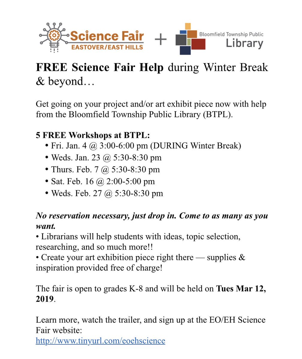 kellynewell79's tweet photo. FREE Science Fair help at BTPL over break and beyond! Come check it out! #eoehsciencefair @EastHills4_8 @EasthillsPTO @EastoverEagles @eastovermedia https://t.co/XLcO7pFy0m
