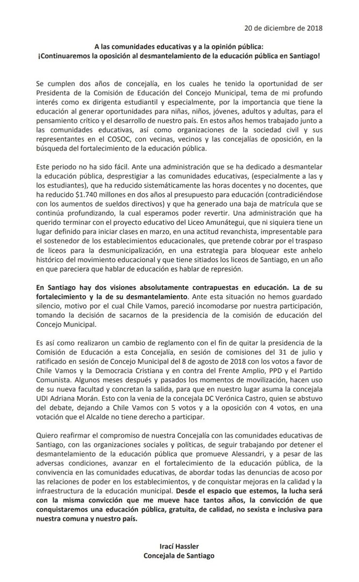 IraciHassler's tweet photo. Ayer sacaron a nuestra concejalía de la presidencia de la comisión de educación del Concejo @Muni_Stgo. Ante esta situación, un mensaje a las comunidades educativas: continuaremos trabajando conjuntamente en oposición al desmantelamiento de la educación pública en Santiago!! 💪🏽 https://t.co/KNAdyhAhNx