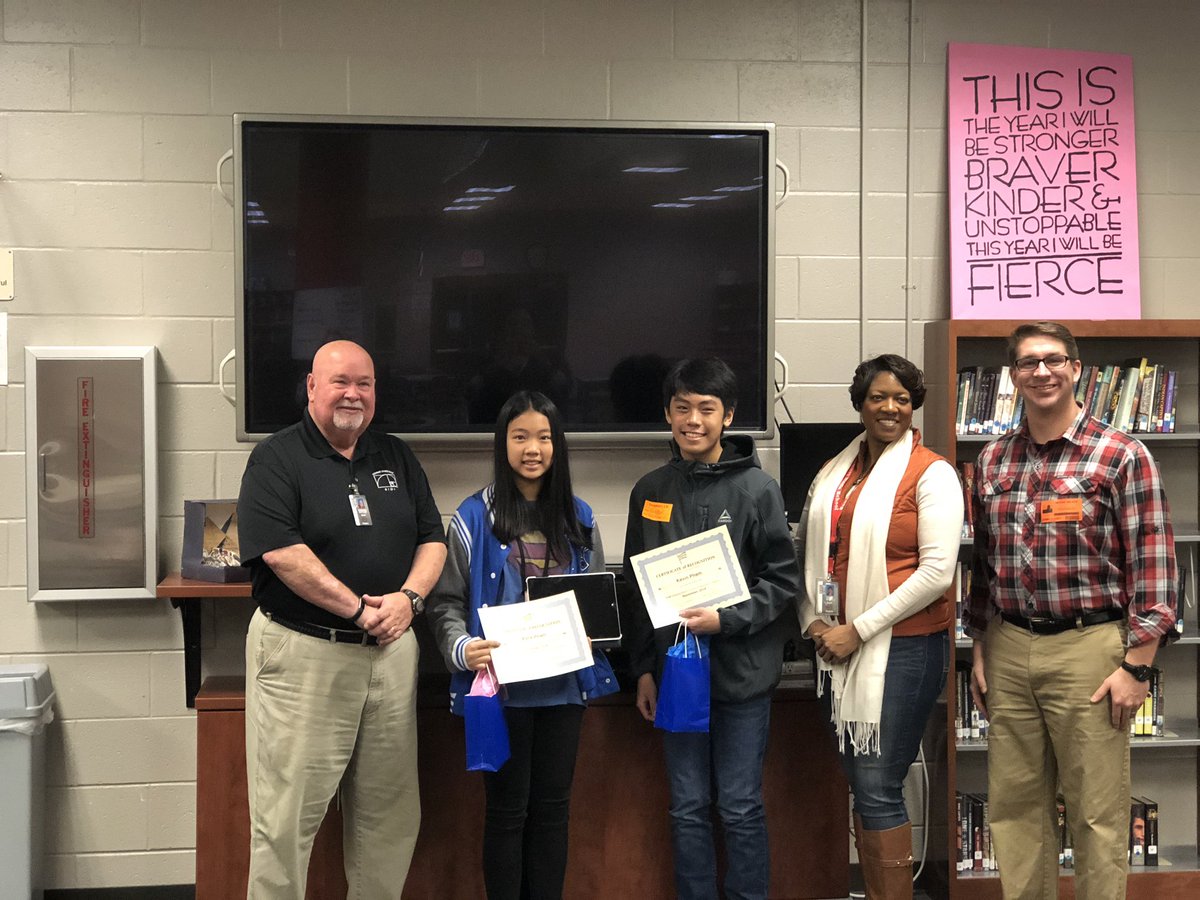 Butlersmath's tweet photo. Katie P and Kevin P receive their awards from @AlgebraNationSC for outstanding work with Karma points in November. Katie won an iPad Kevin won a prize pack Kevin won an iPad for September @spmeagles @anshelltweets @RichlandTwo #algebrarules https://t.co/Ofiu48L2x1