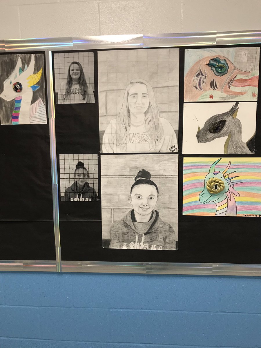 RidgeArts's tweet photo. The halls are full of new artwork created over the past few weeks!  Take a look at Beginning high school self portraits, dragon eyes and drawings, hidden initials and action paintings! https://t.co/NkBHbmDTRt