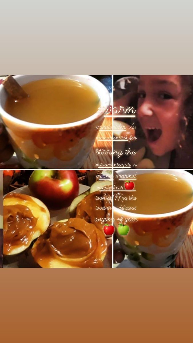 DoreneShaver's tweet photo. #warmapplecider with a #cinamonstick for stirring  n #warmcarmel over #appleslices are good anytime look at Mia she loves them 🍏🍎☕ https://t.co/XiqdjF28tV