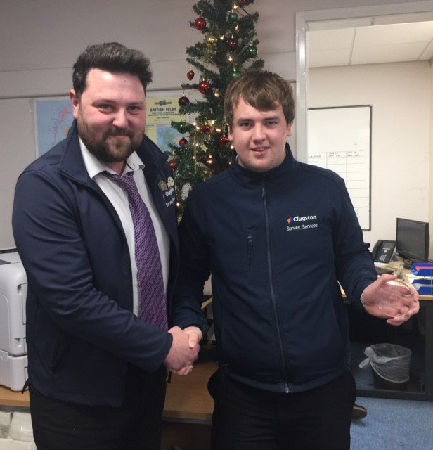ClugstonSurvey's tweet photo. Our senior Chris Shelley (BSc) Hons did the honours today of announcing the Clugston Survey employee of the year 2018 to Daniel McGready. Congratulations to Daniel. Well done! https://t.co/91T6e4rWAt