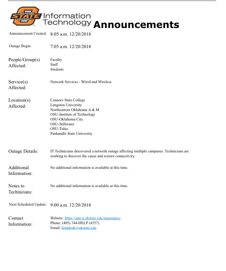 spearsdistance's tweet photo. Brightspace is currently down due to network issues on multiple campuses. We will try to keep you informed when it is back up. There is no ETA on a fix. #okstate #spearsbusiness #spearsonline https://t.co/CsCr8e1wCt