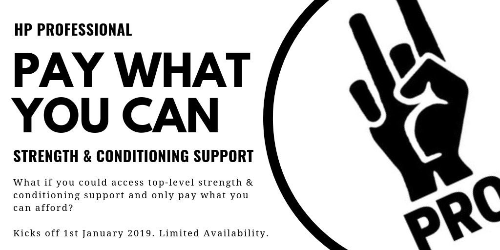 hp_professional's tweet photo. Need strength &amp; conditioning support but worried about the cost? 

Starting 1st January 2019, HP Professional is trialling a PAY WHAT YOU CAN programme for up to 5 committed athletes in any sport (recreational athletes welcome)

Sign up via: https://t.co/rtA4eafrL2… https://t.co/Xgia2IcpzY