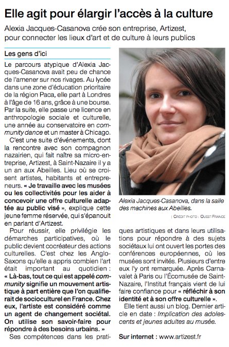 AlexiaJCasanova's tweet photo. Un immense merci à Michèle Perez de @OuestFrance44 pour son écoute et sa restitution fidèle; ce n'était pas une mince affaire, étant donné mon parcours "atypique" et la spécificité des informations que j'ai pu partager avec elle. #SaintNazaire #Culture https://t.co/rBzRZpr4n8